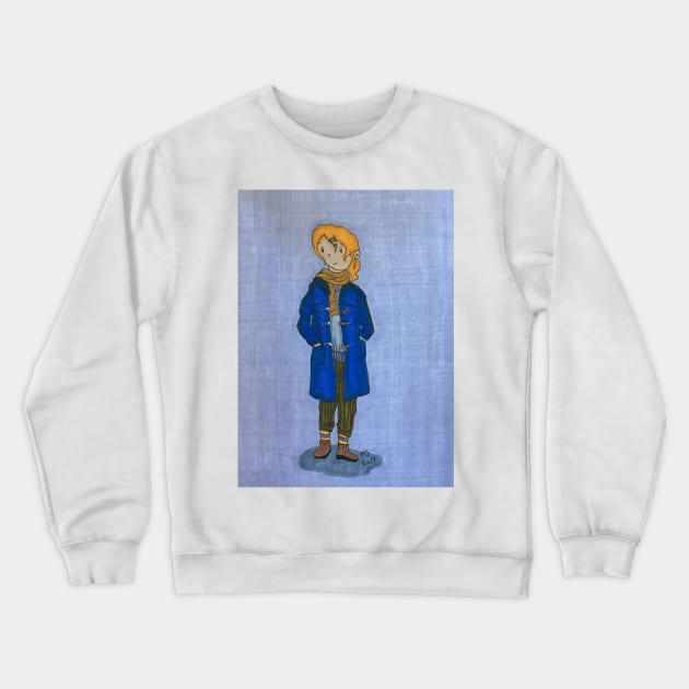 Girl In Blue Toggle Coat Cute Autumn Marker Illustration Crewneck Sweatshirt by Thedisc0panda